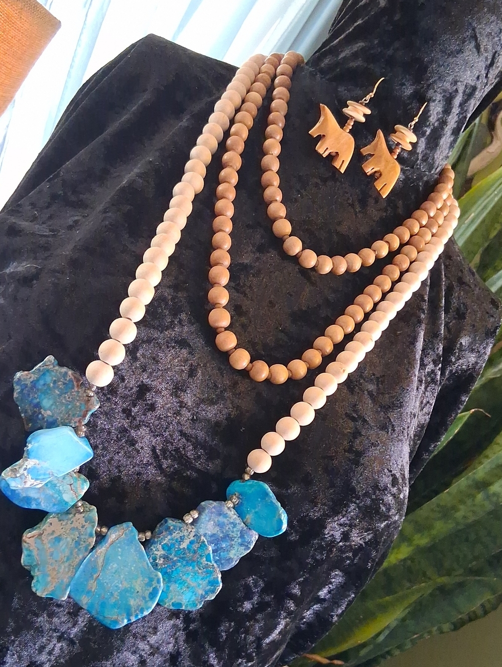 Handmade Turquoise Stone & Wood Bead Necklace Set - Natural Blue W/ Earrings.